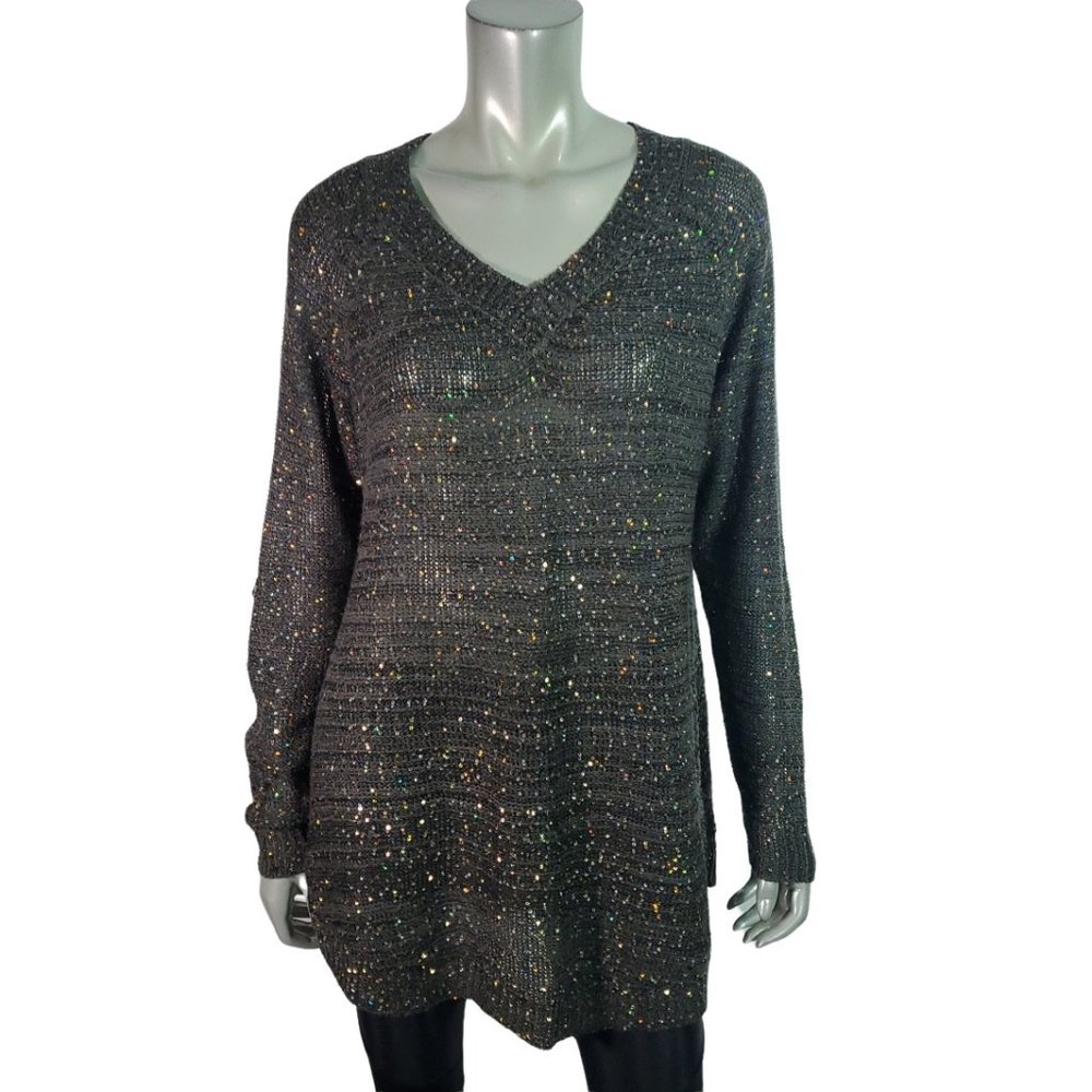 Soft Surroundings Rainbow Sequin Sweater Medium V-Neck‎ Lightweight Stretch Gray